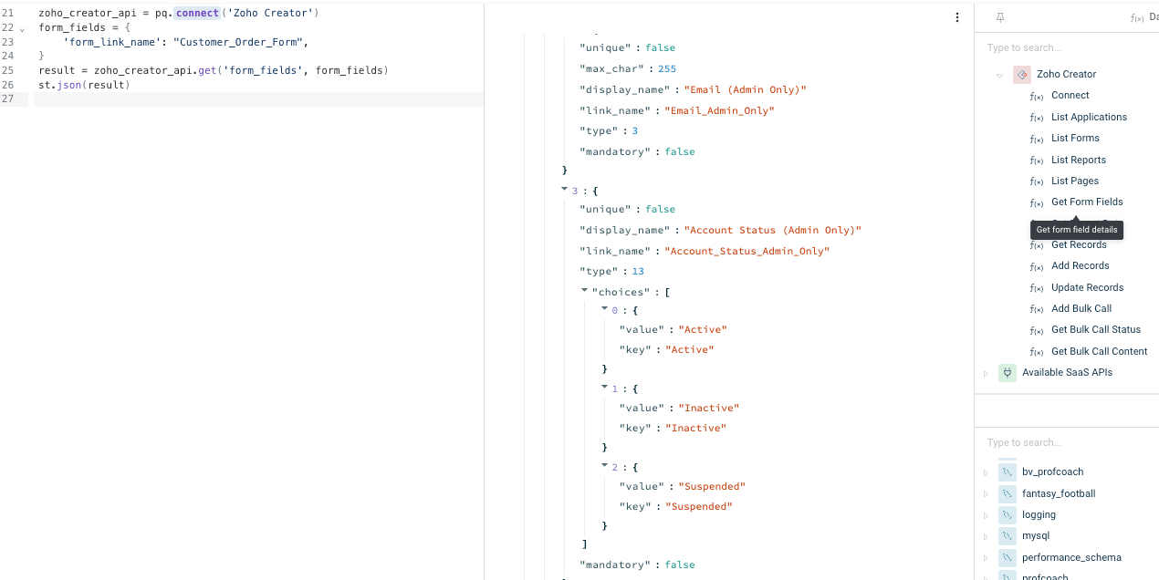 Zoho Creator "Get Form Fields" function in Peliqan