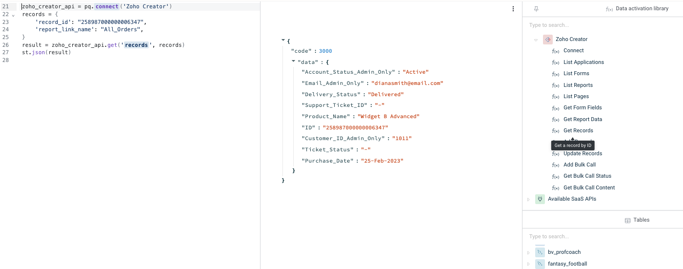 Zoho Creator "Get Record" function in Peliqan