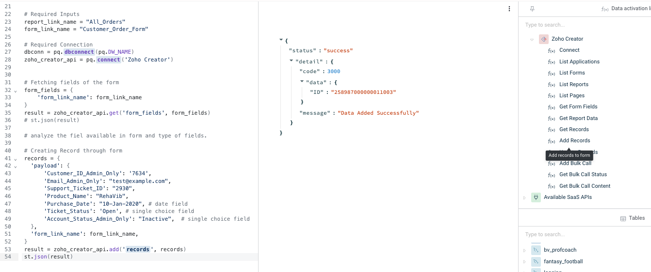 Zoho Creator add records function in Peliqan