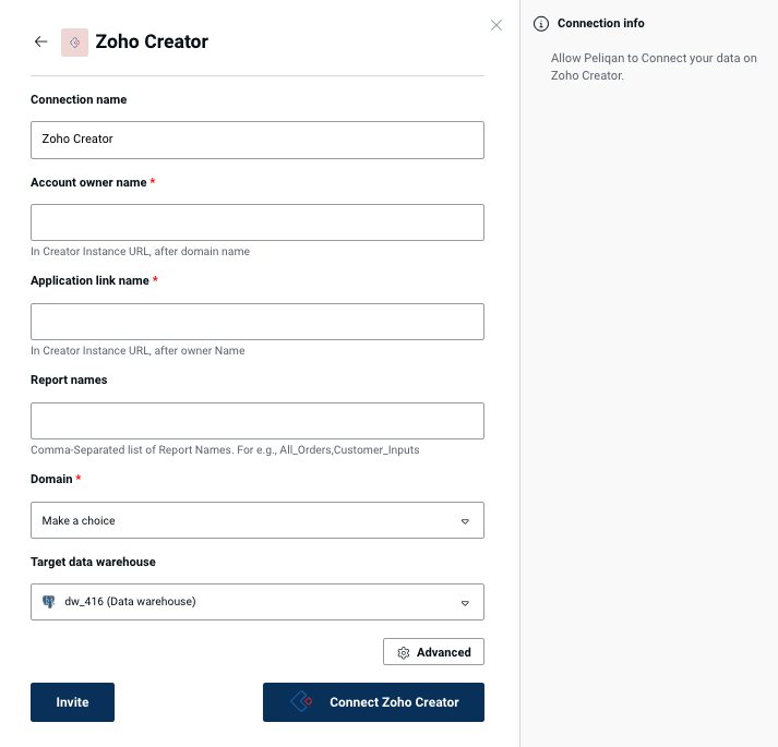 Zoho Creator connection form in Peliqan