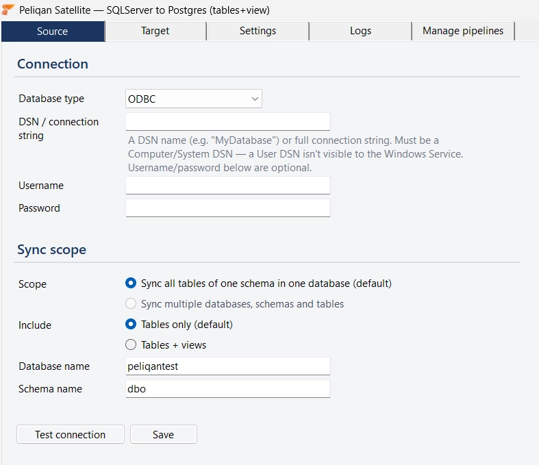 Source tab configured for ODBC