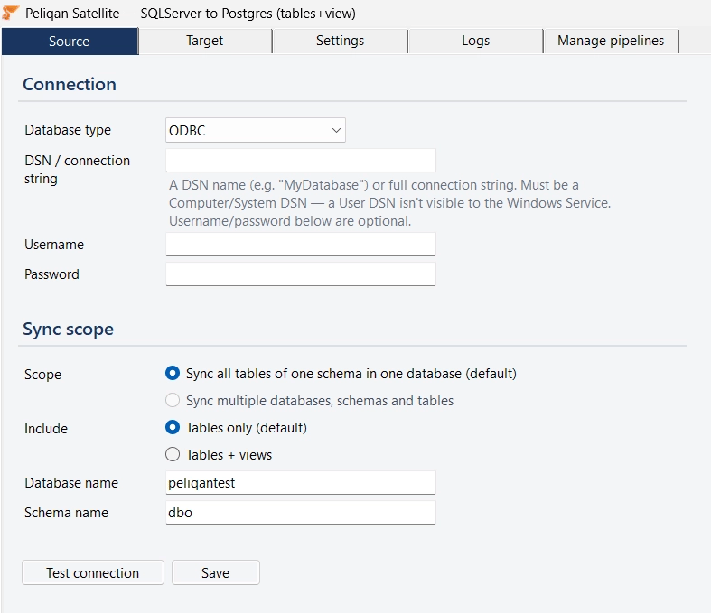 Source tab configured for ODBC