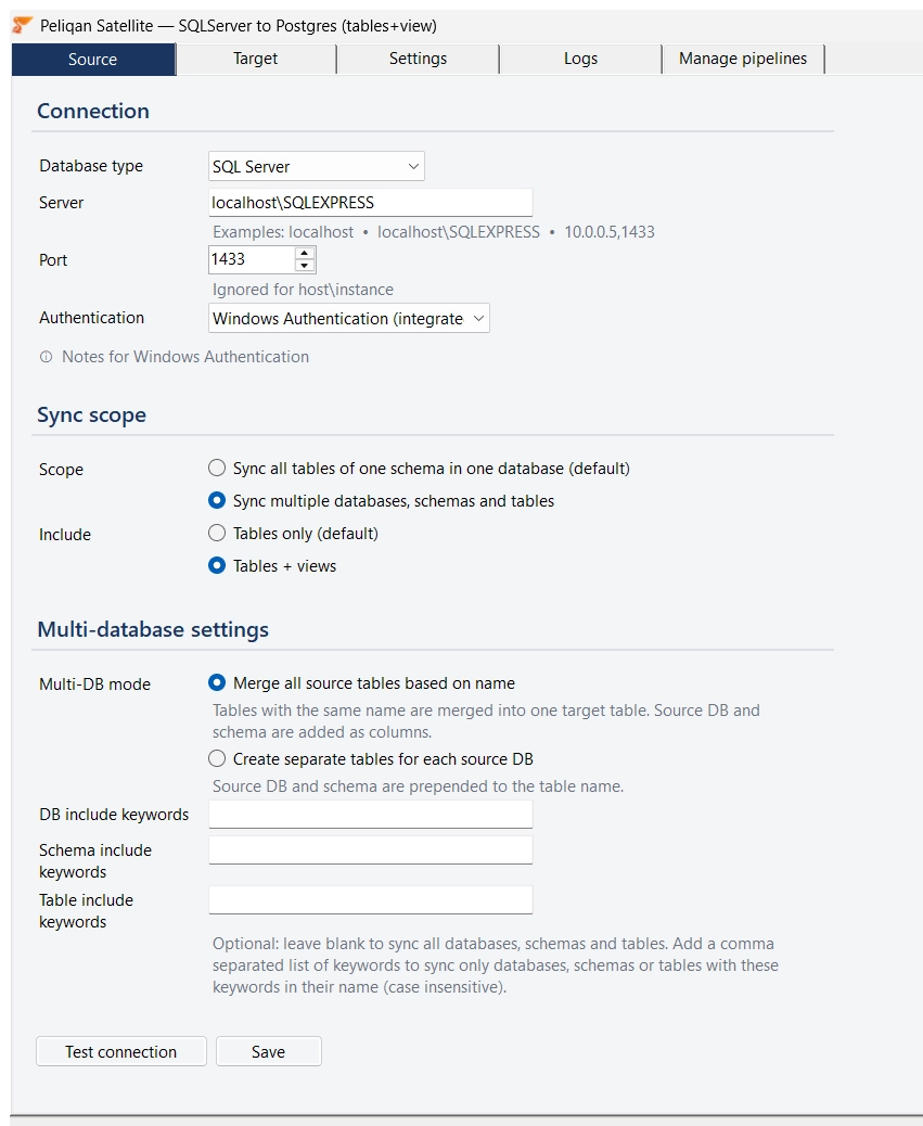 Source tab in "Sync multiple databases, schemas and tables" mode, with include-keyword fields