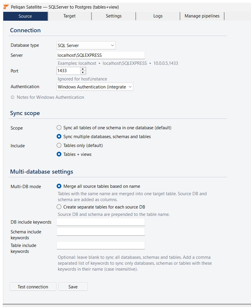 Source tab in "Sync multiple databases, schemas and tables" mode, with include-keyword fields