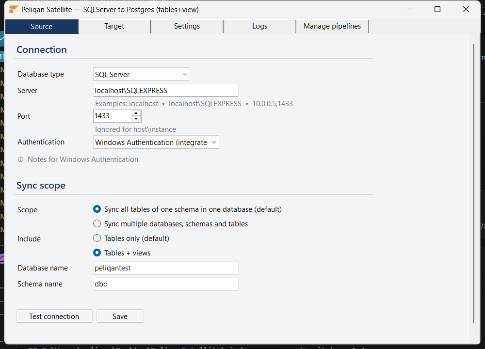 Source tab configured for SQL Server, single-schema scope, Windows Authentication