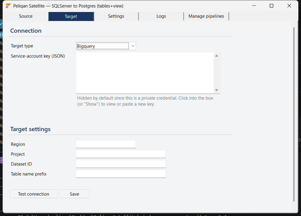 Target tab configured for BigQuery