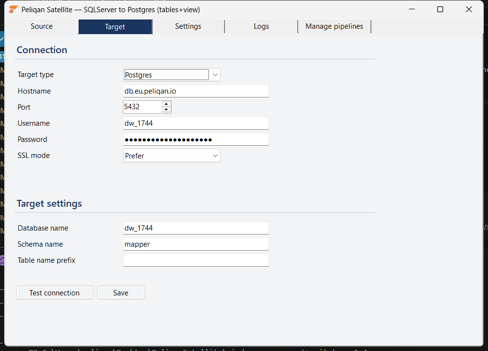 Target tab configured for Postgres