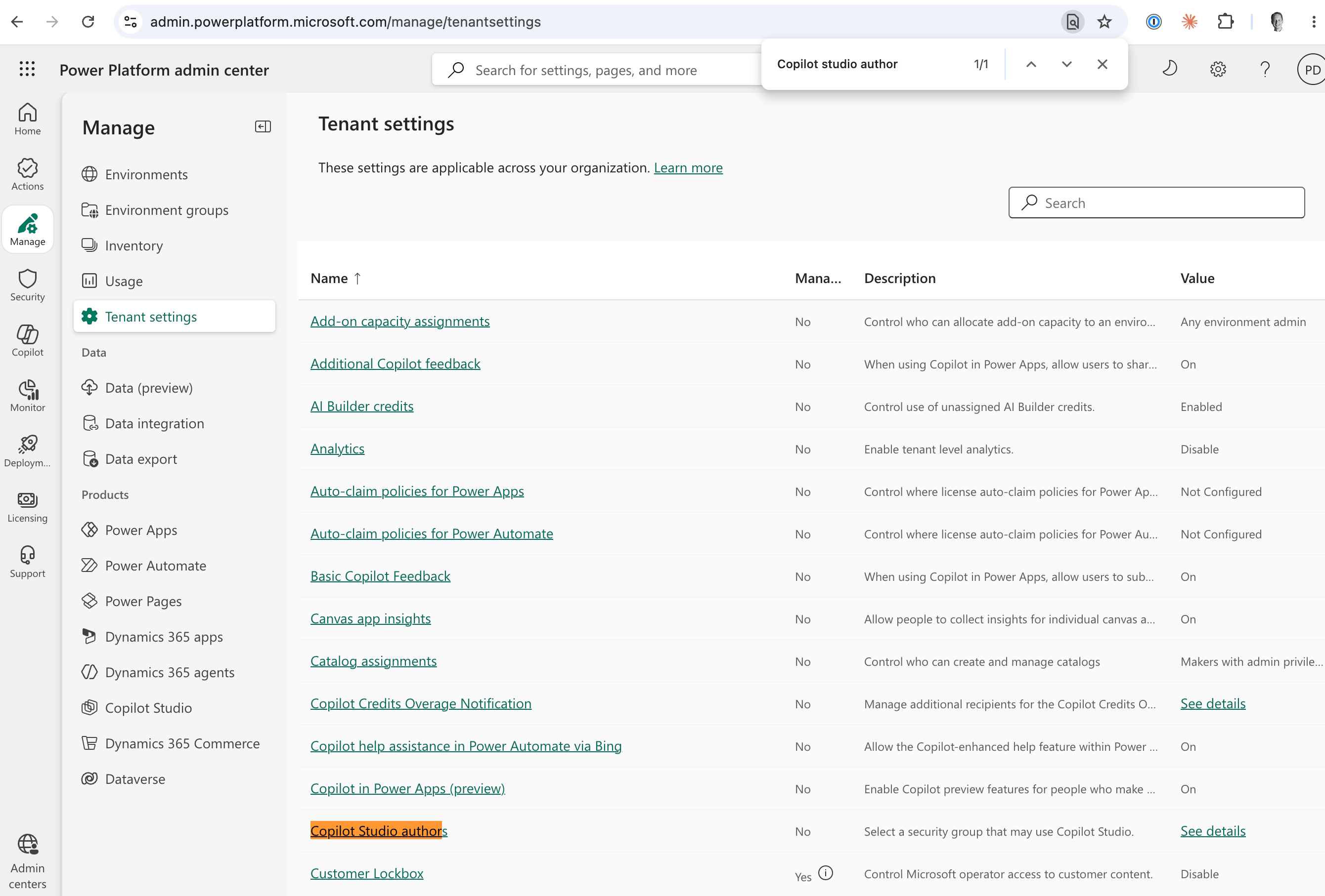 Power Automate Admin center tenant settings