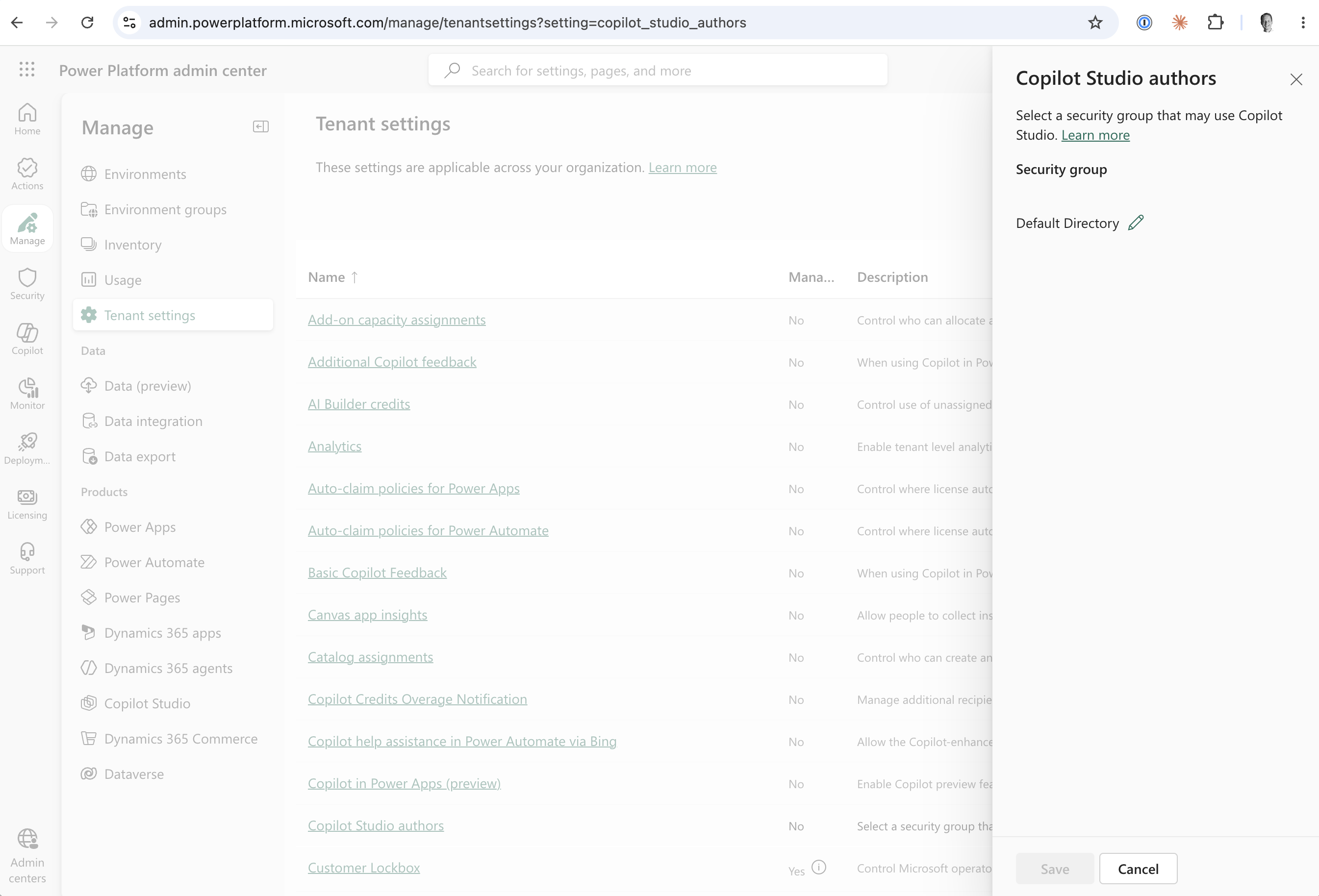 Copilot Studio authors security group setting