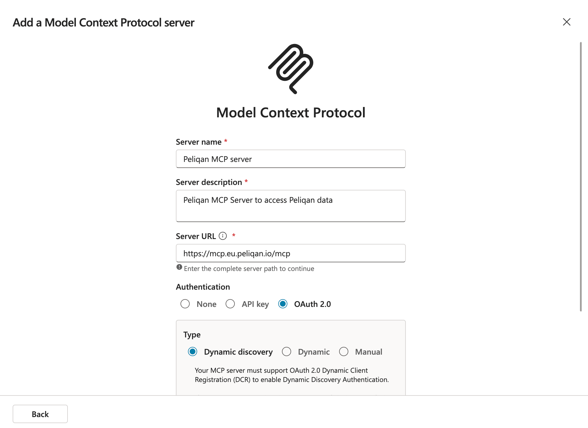 Copilot Studio MCP Server configuration form