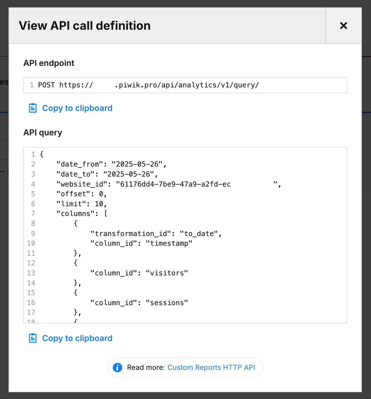 Piwik View API call definition option