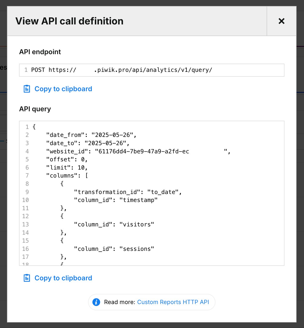 Piwik View API call definition option