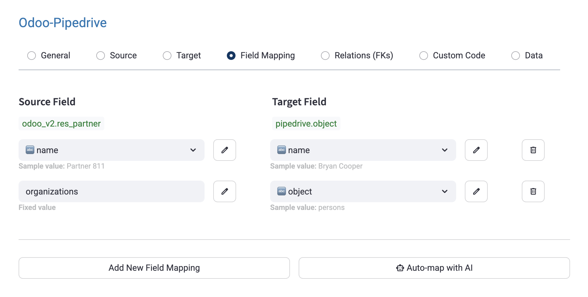 Set object name in field mapping