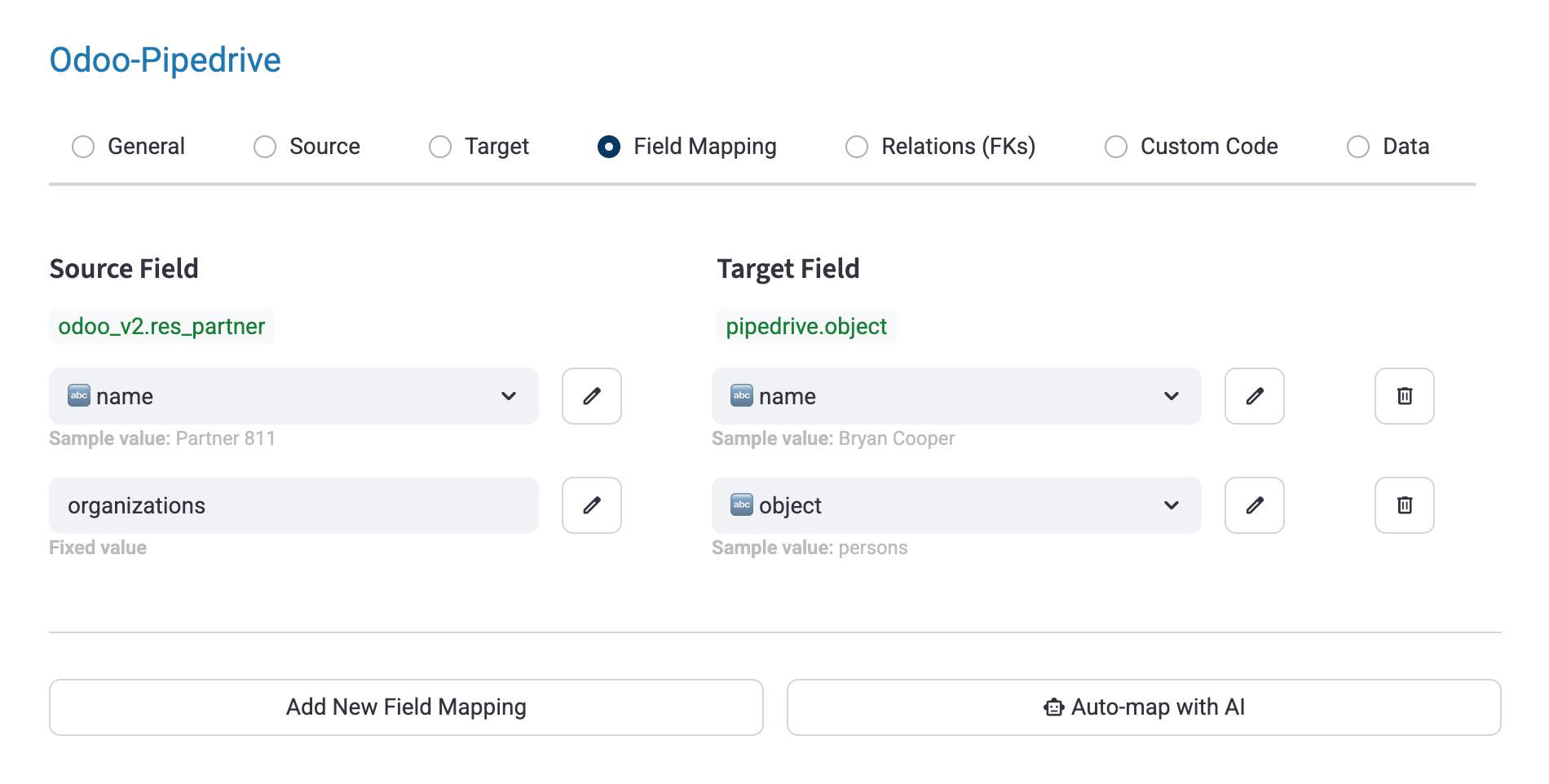 Set object name in field mapping