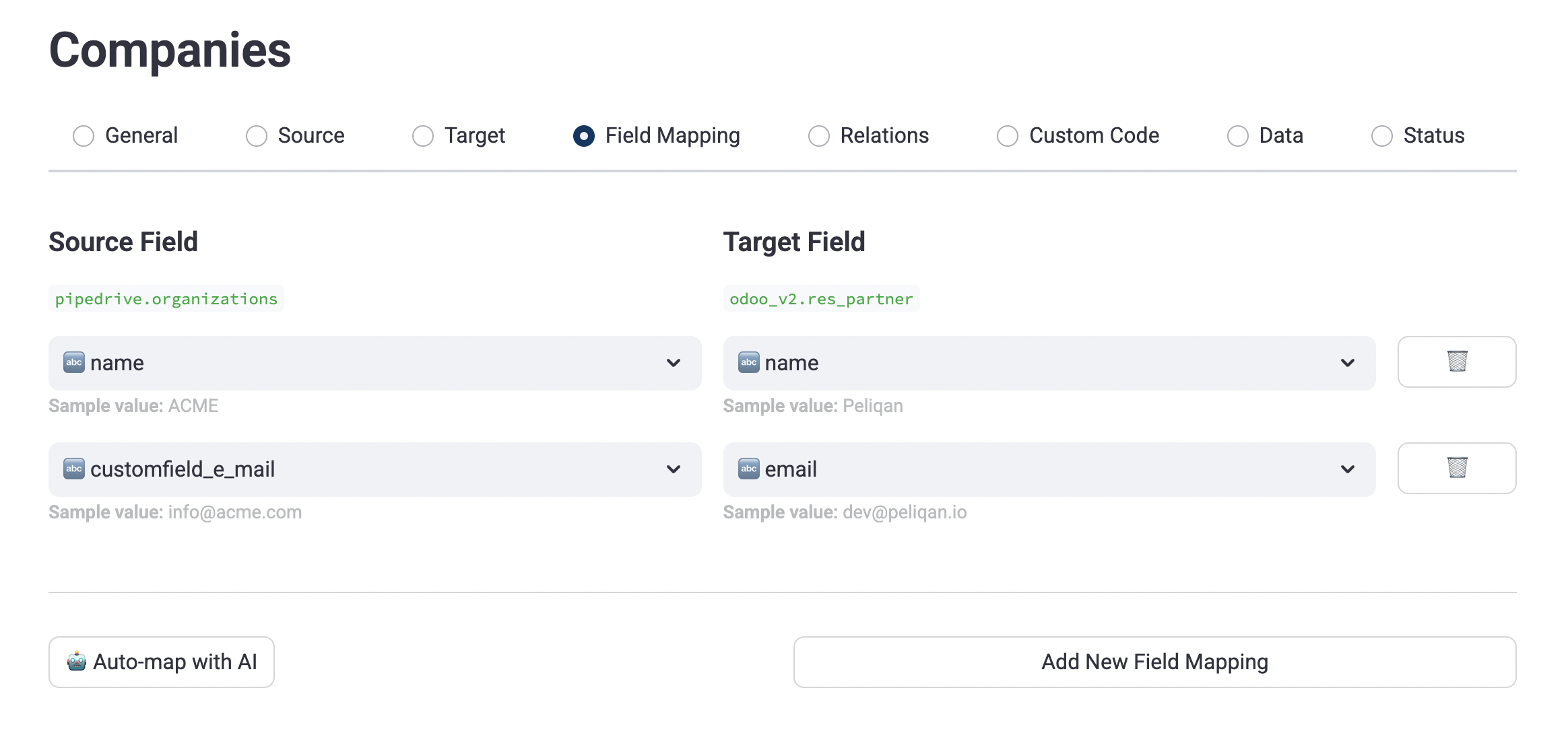 Field mapping tab
