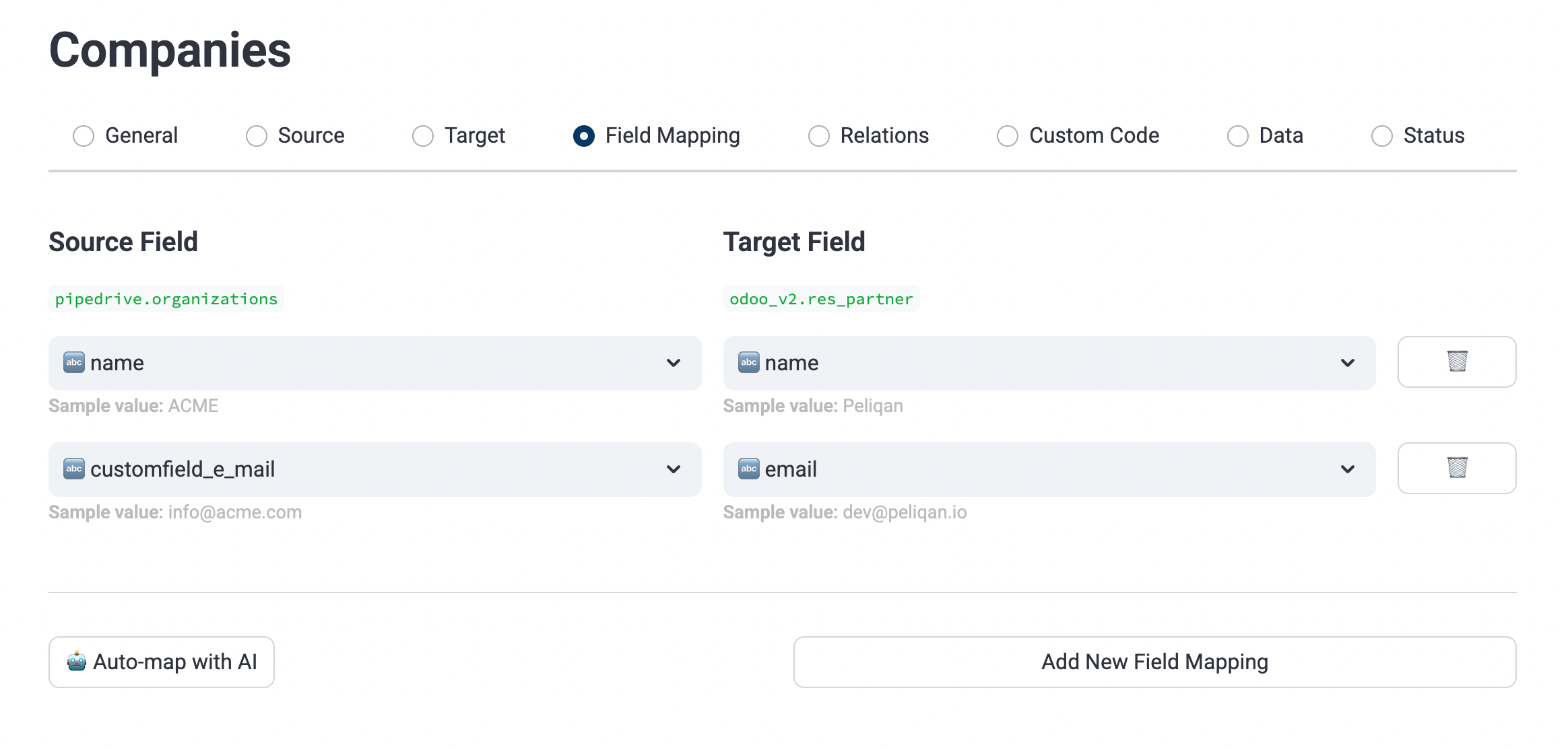 Field mapping tab