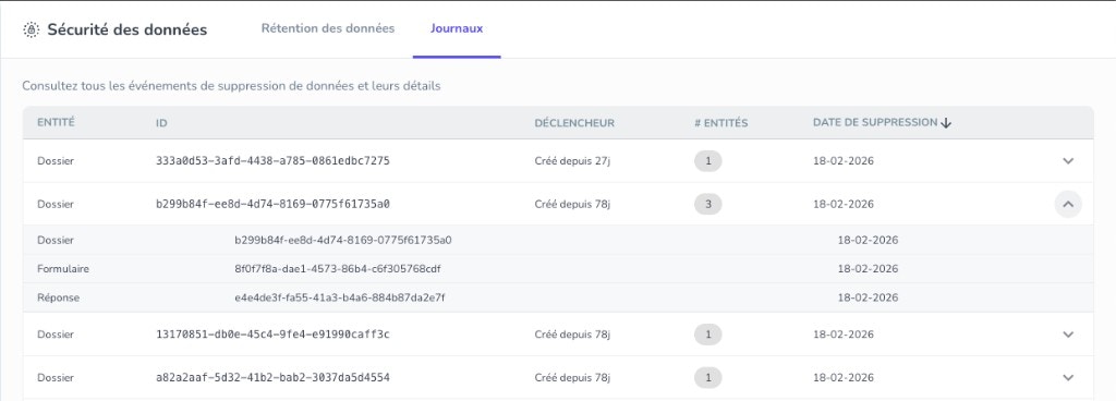 Data deletion audit log showing deletion events