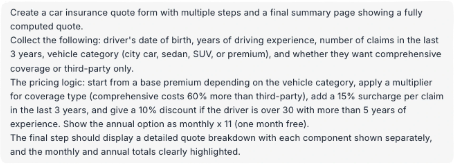 Prompt for a car insurance quote form