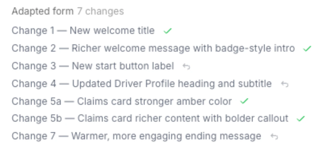 Expanded batch showing individual changes with checkmarks and revert arrows