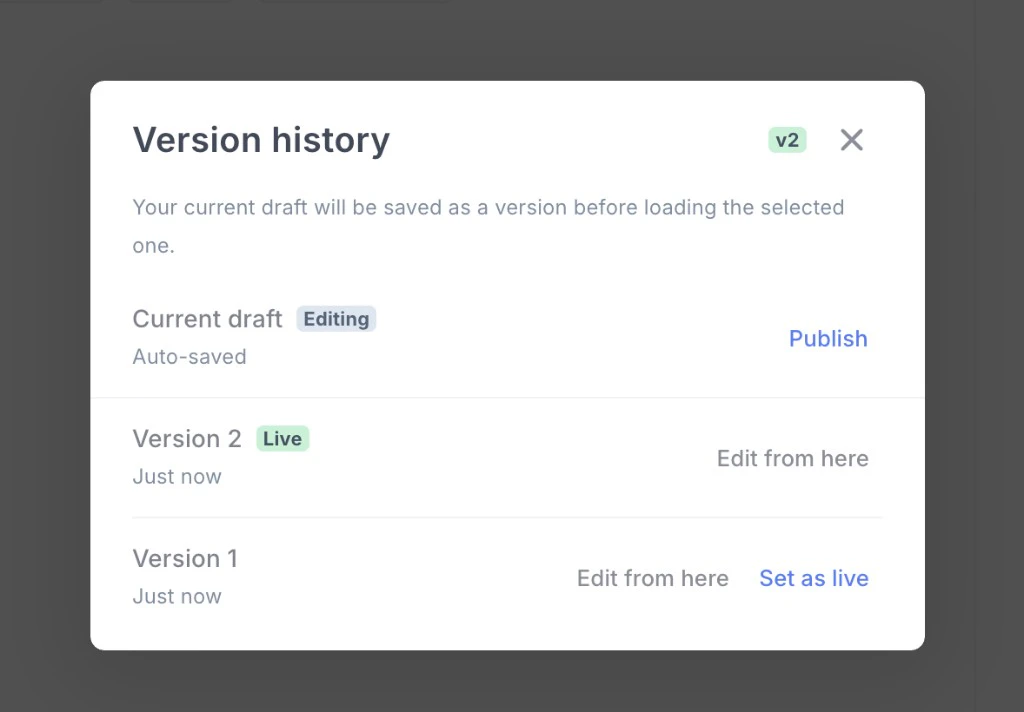 Version history modal: current draft with Publish, live version, and older versions with Edit from here and Set as live