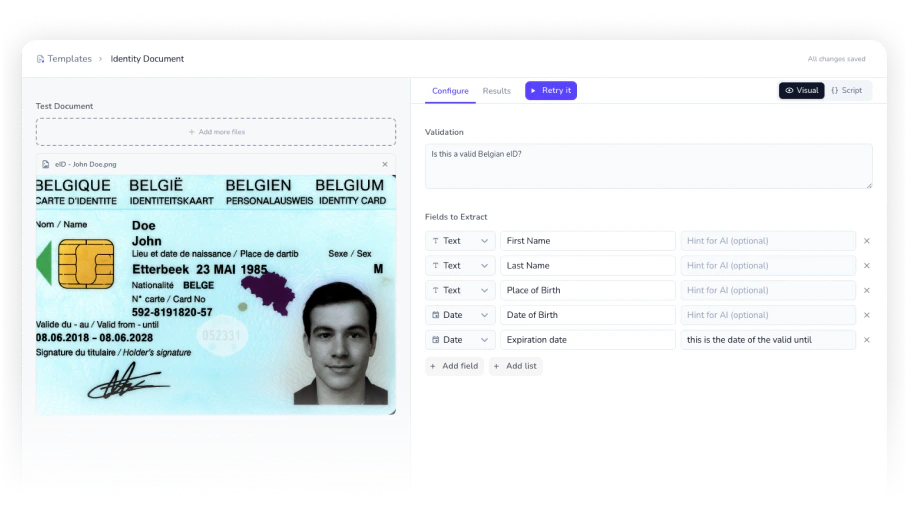 Document Intelligence template editor showing fields to extract and validation rules on a Belgian ID card