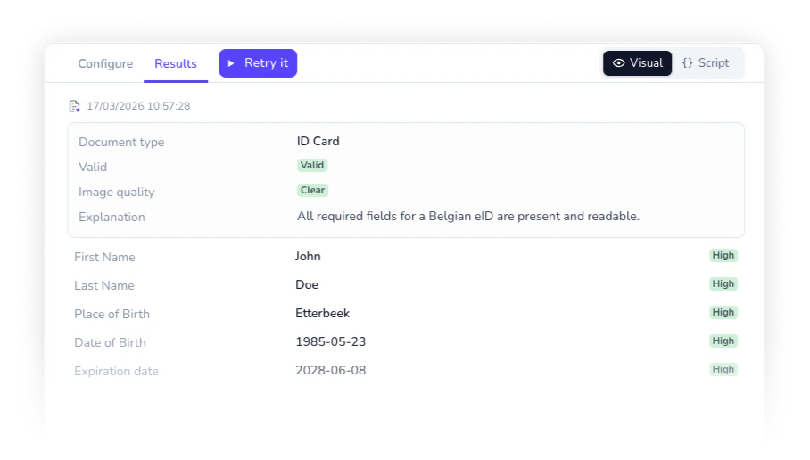 Document Intelligence template results tab showing extracted fields and validation outcome for a Belgian ID card