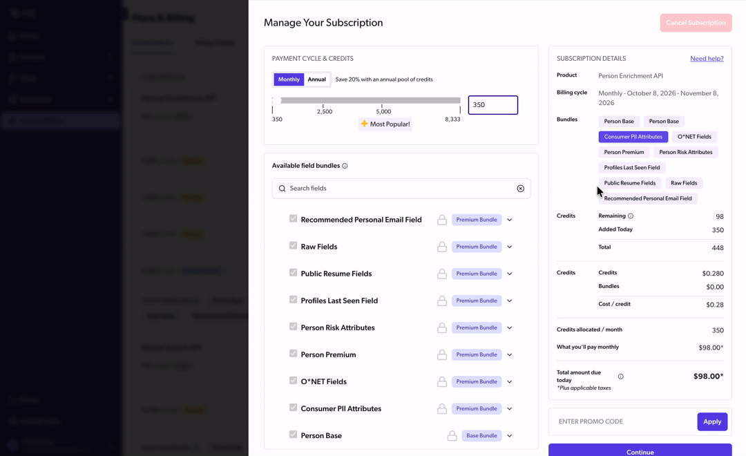 Entering a promo code in the Enter promo code field below Subscription Details on the Manage Your Subscription checkout form