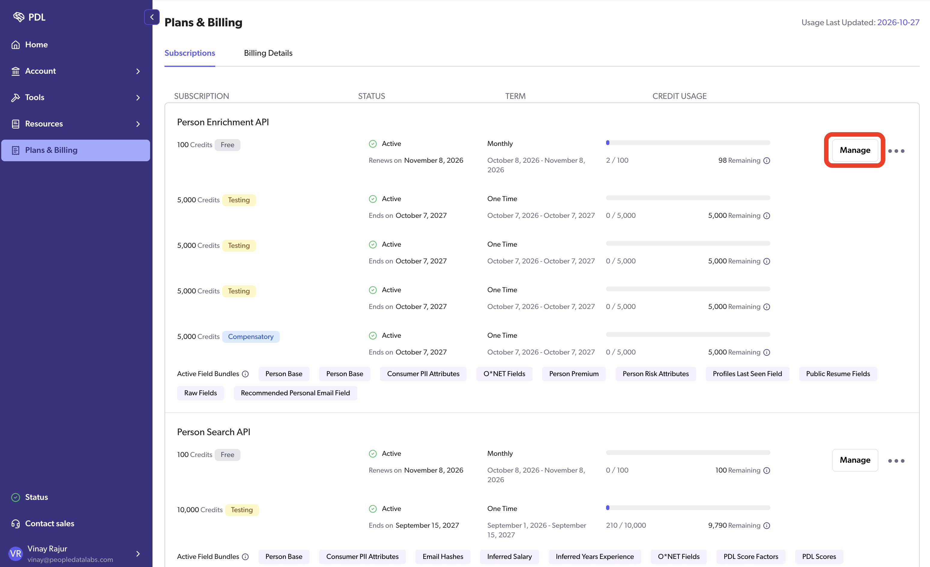 Subscriptions tab of Plans & Billing with the Manage button highlighted in red for the Person Enrichment API