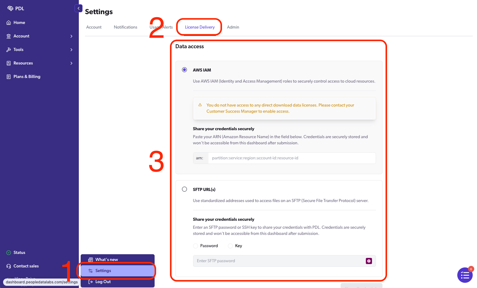 Accessing and configuring credentials in the PDL Dashboard