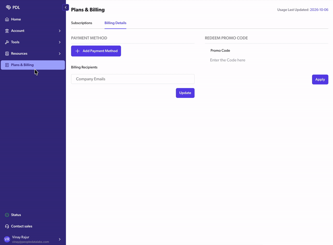 Entering a promo code in the Redeem Promo Code field on the Billing Details tab of Plans & Billing in the PDL dashboard
