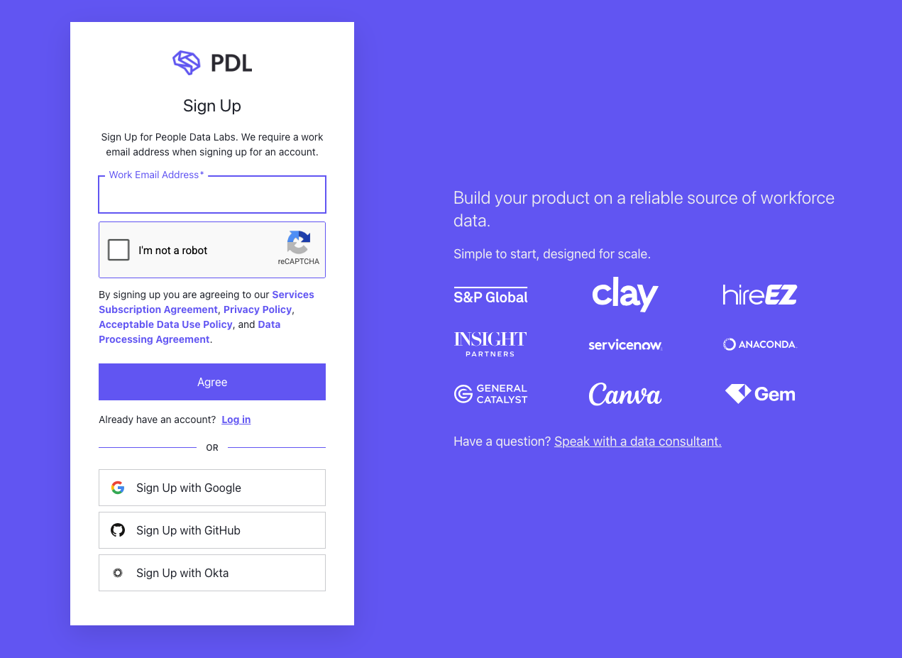 PDL Sign Up page with a work email address field and options to sign up with Google, GitHub, or Okta