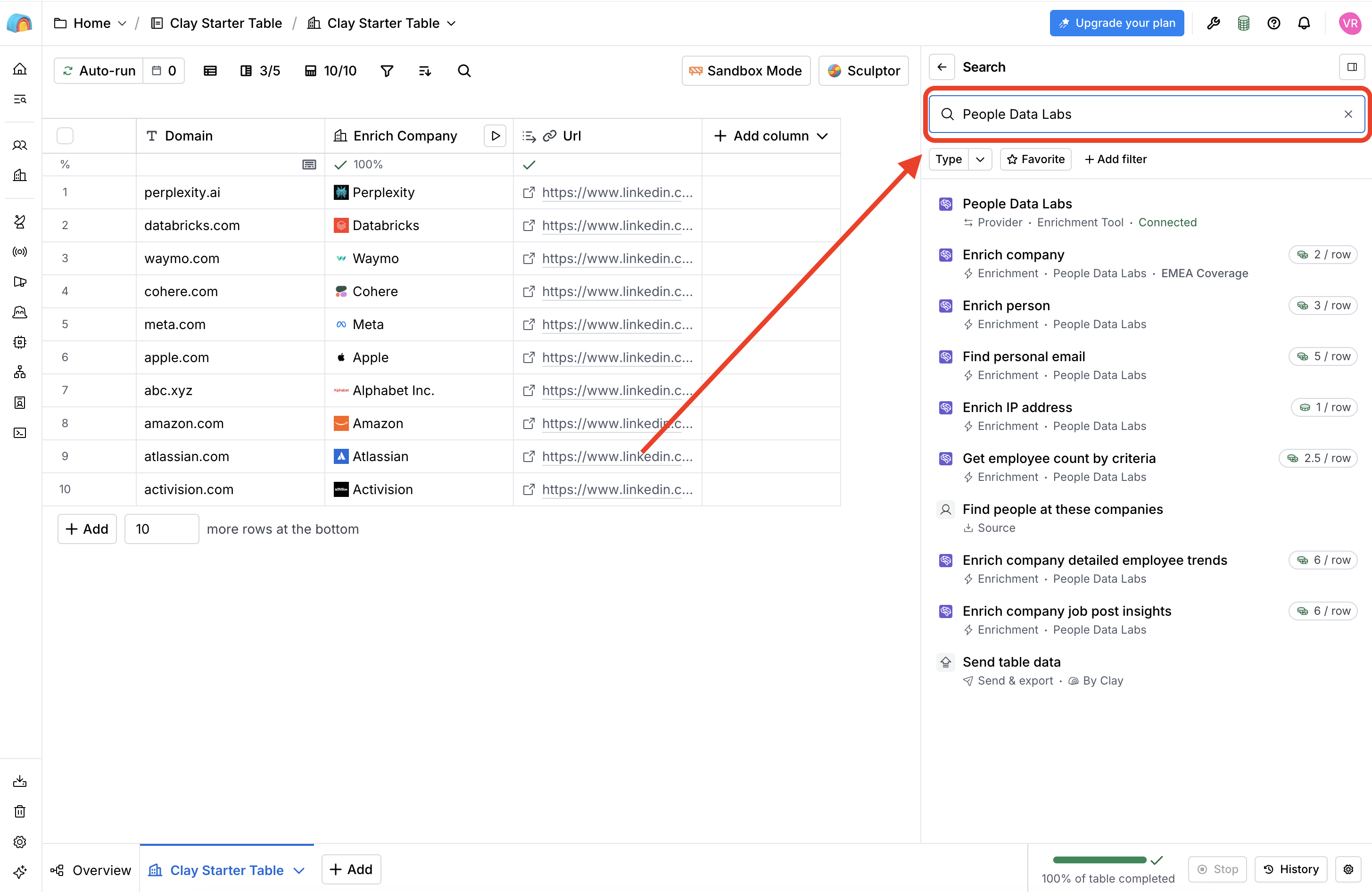 Search for People Data Labs in the Enrichment Selection Menu