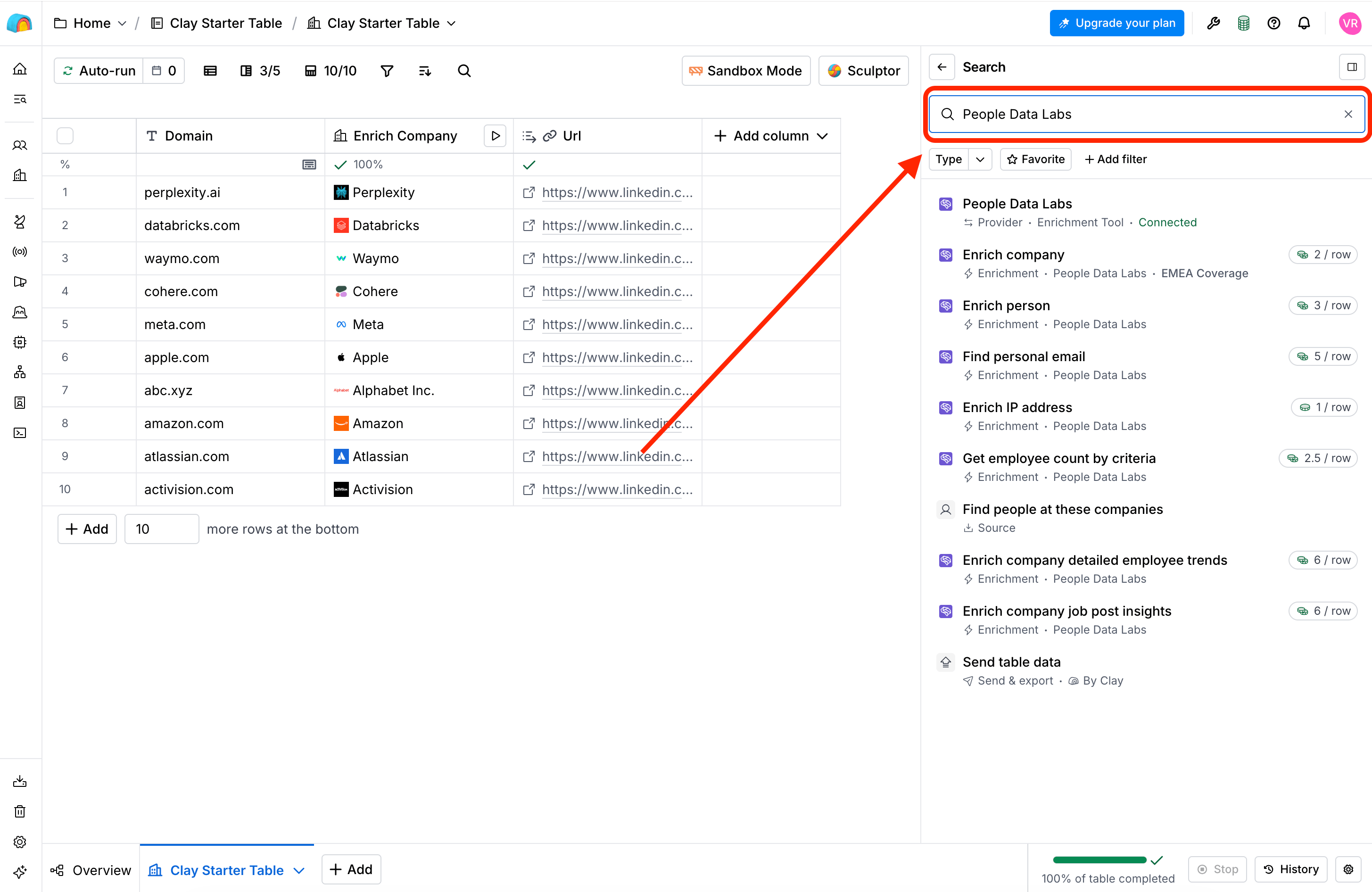 Search for People Data Labs in the Enrichment Selection Menu