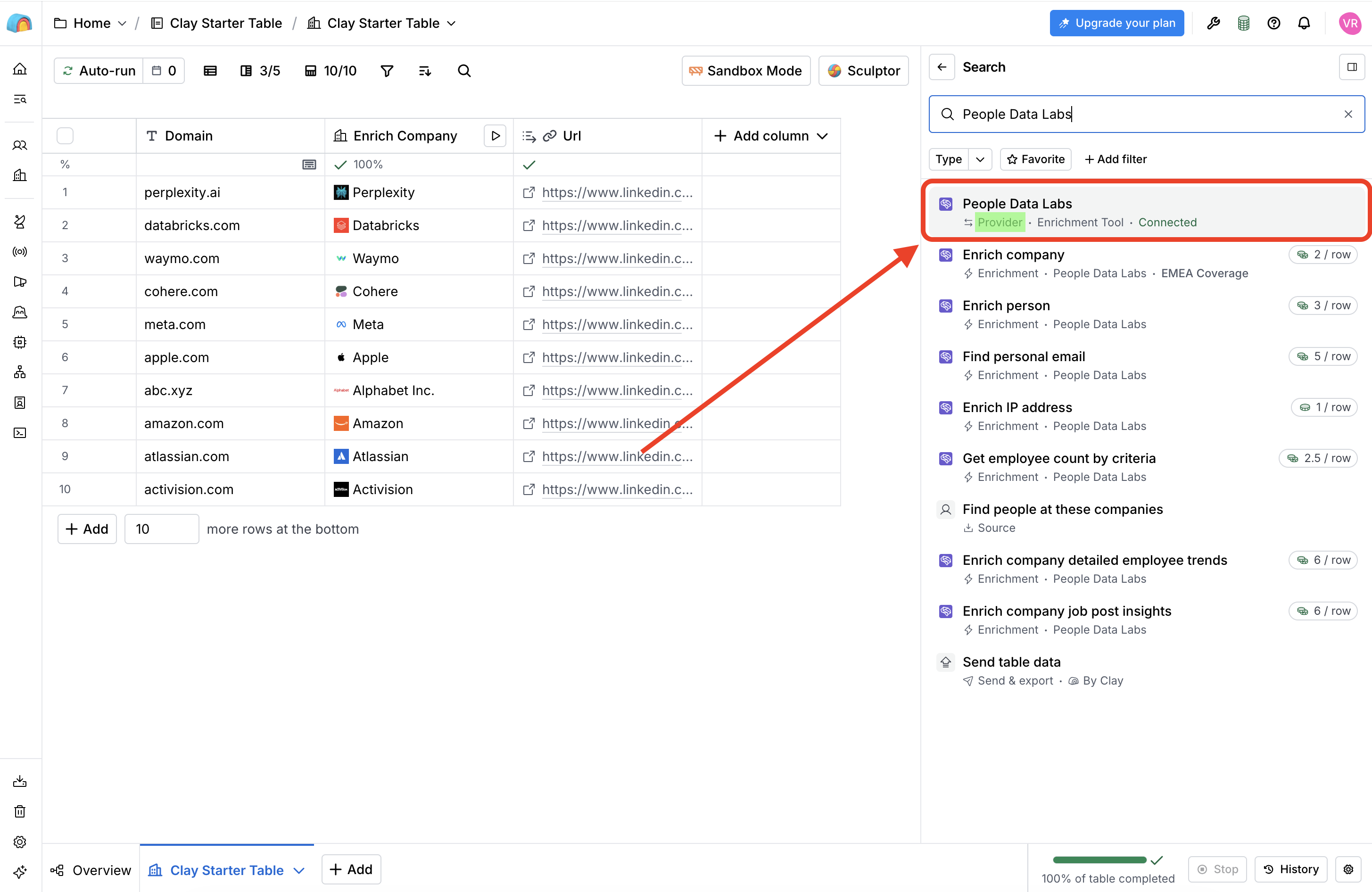 Search for People Data Labs in the Enrichment Selection Menu