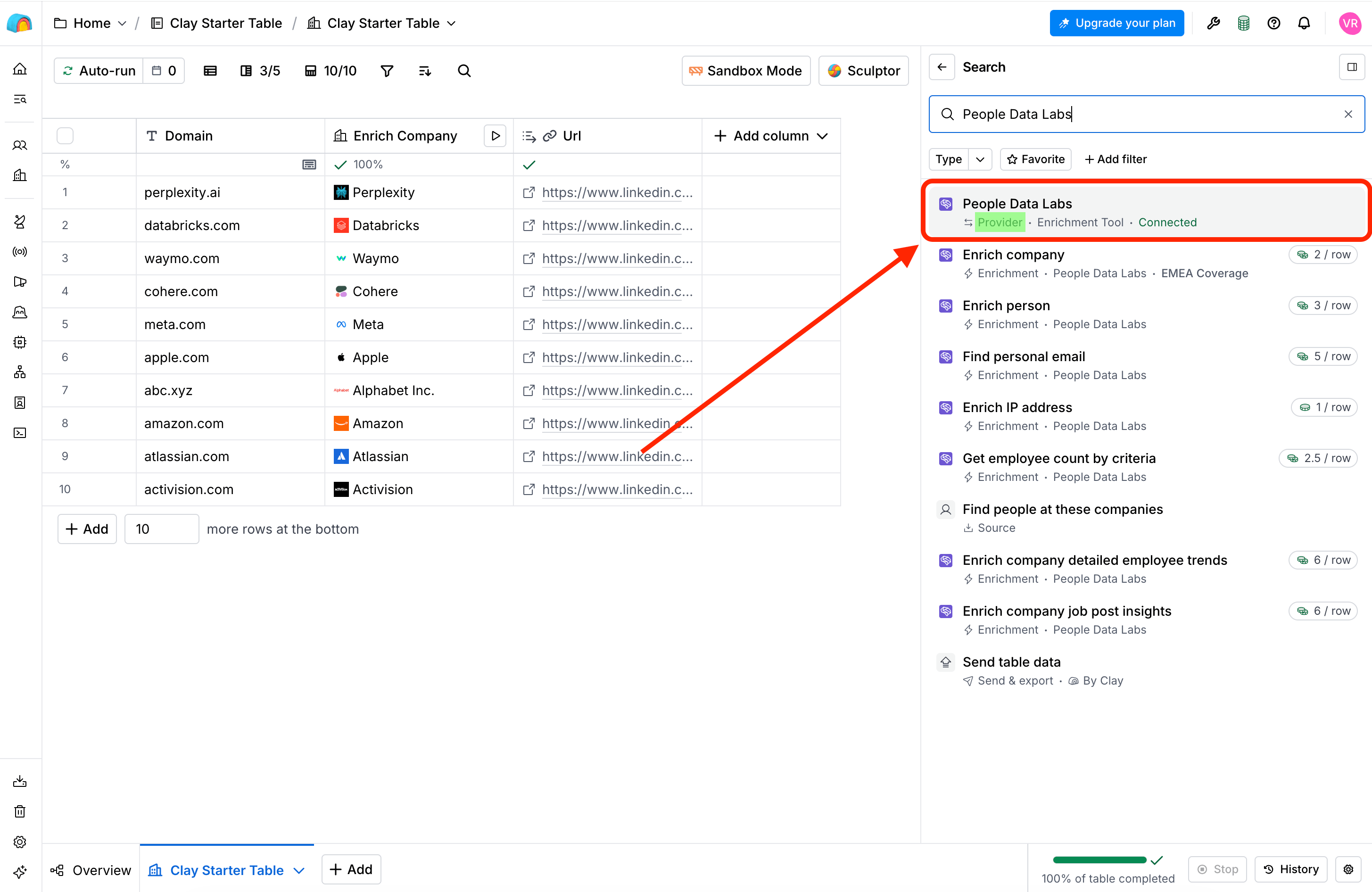Search for People Data Labs in the Enrichment Selection Menu