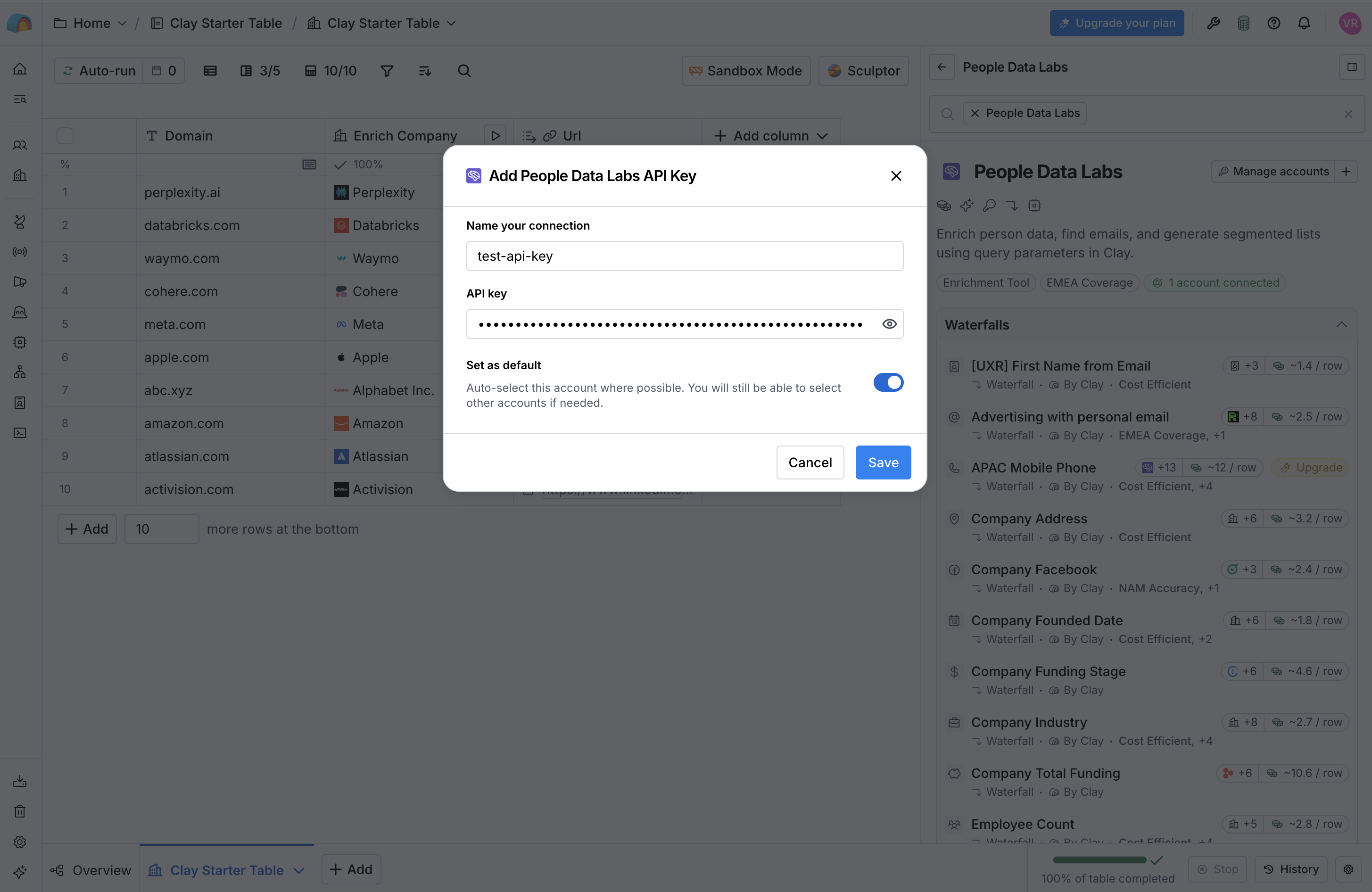 Entering a People Data Labs API key in the Clay enrichment panel