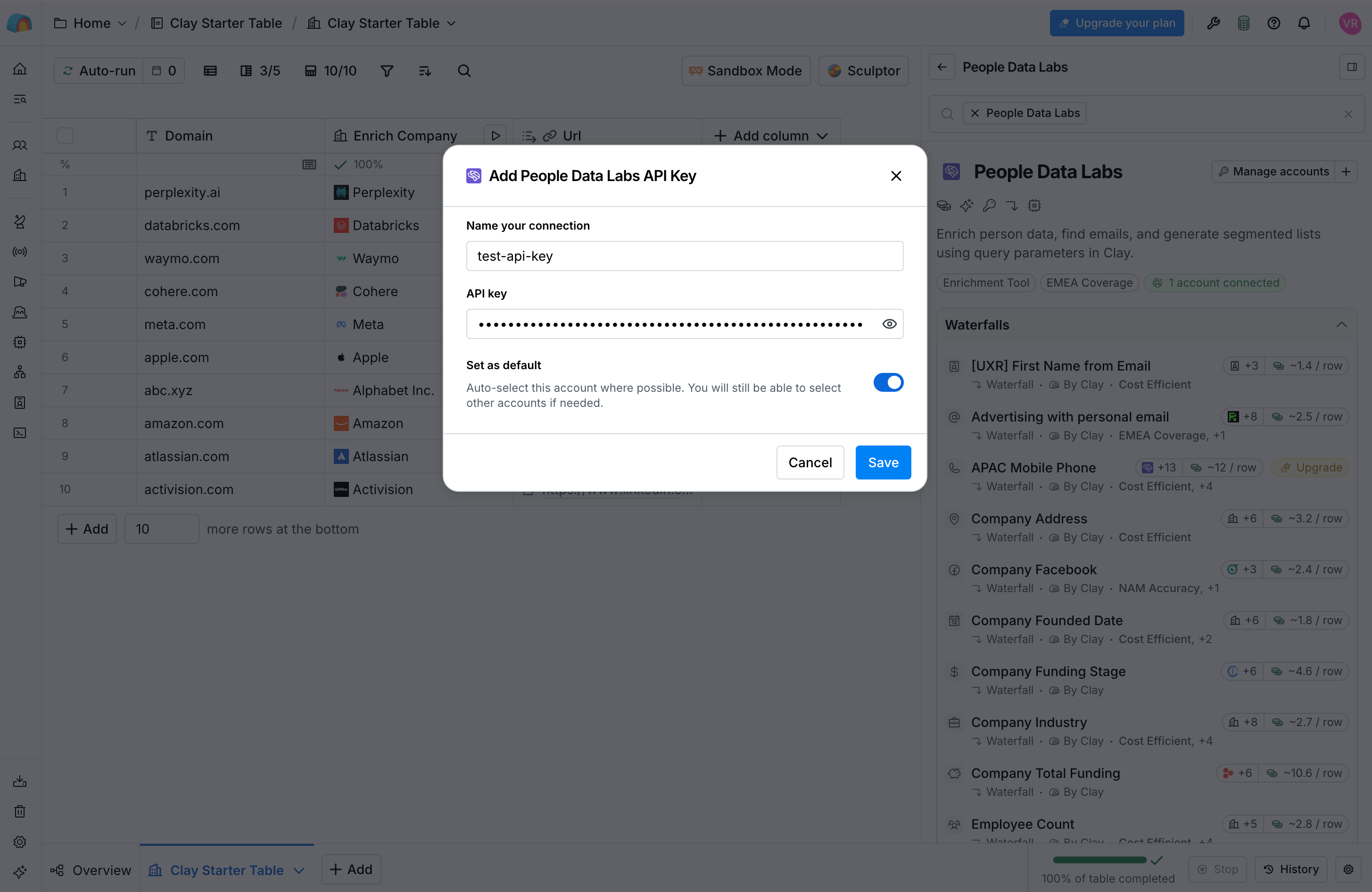Entering a People Data Labs API key in the Clay enrichment panel