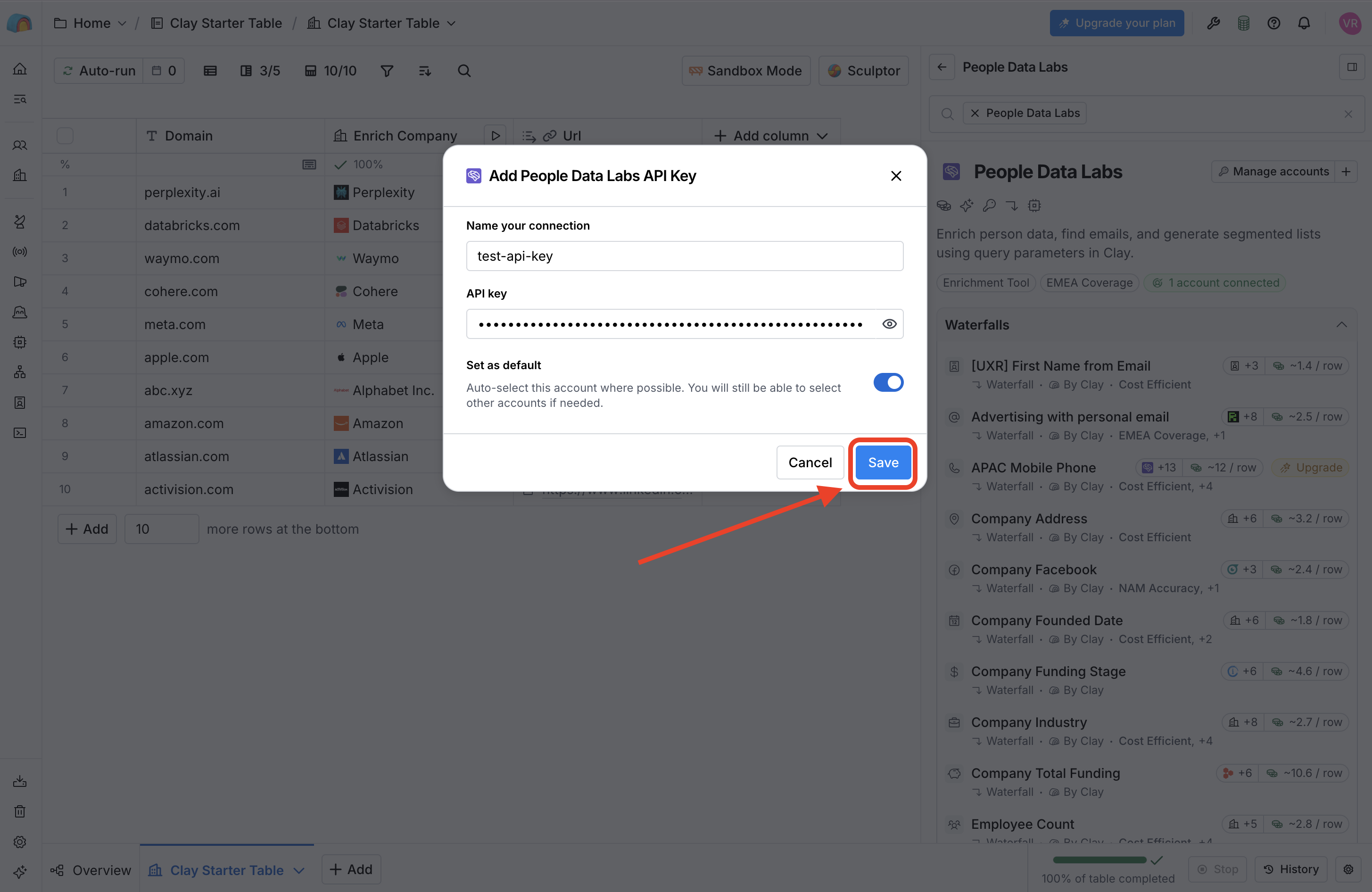 Selecting a saved People Data Labs connection for a Clay enrichment