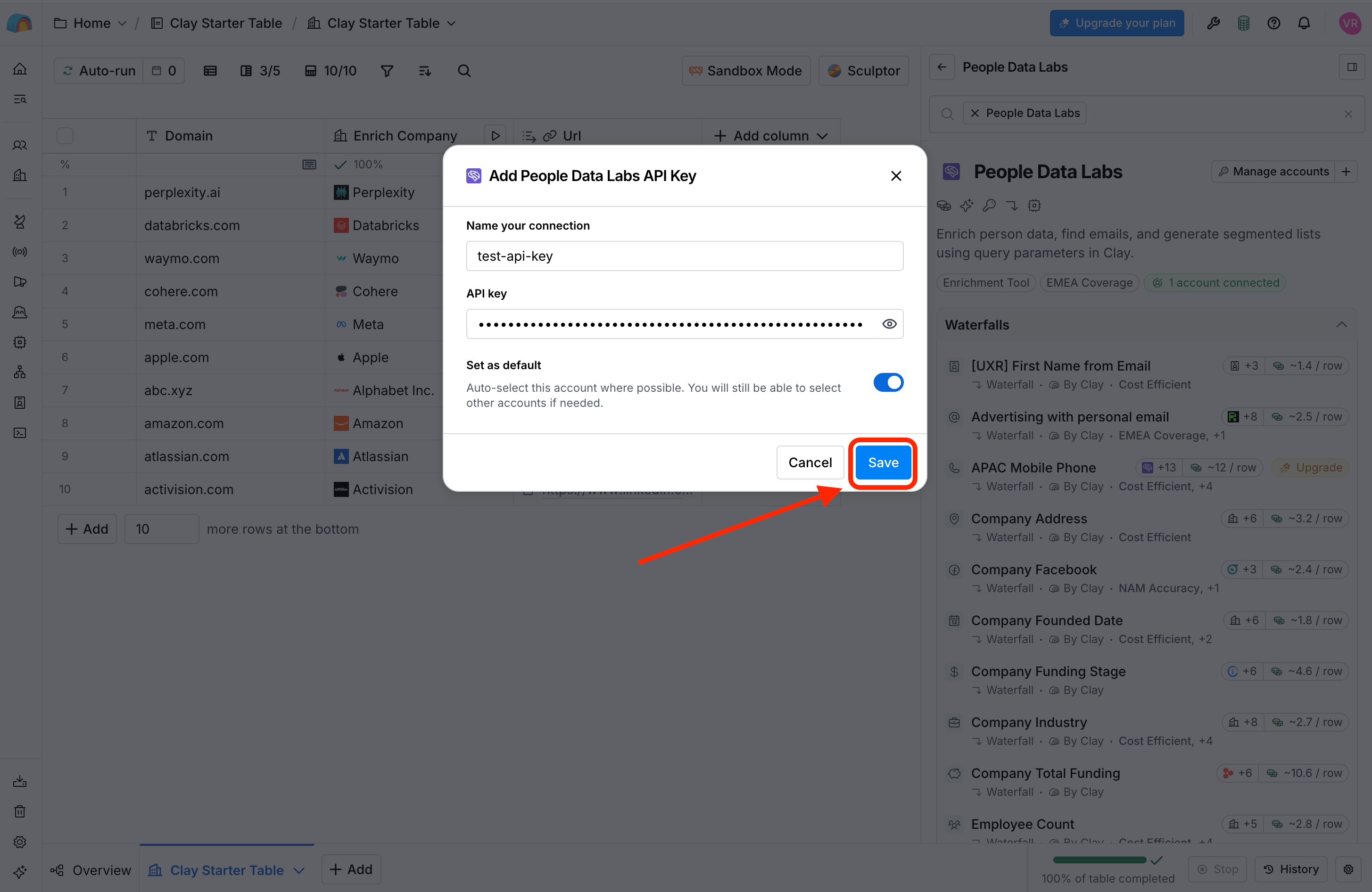 Selecting a saved People Data Labs connection for a Clay enrichment