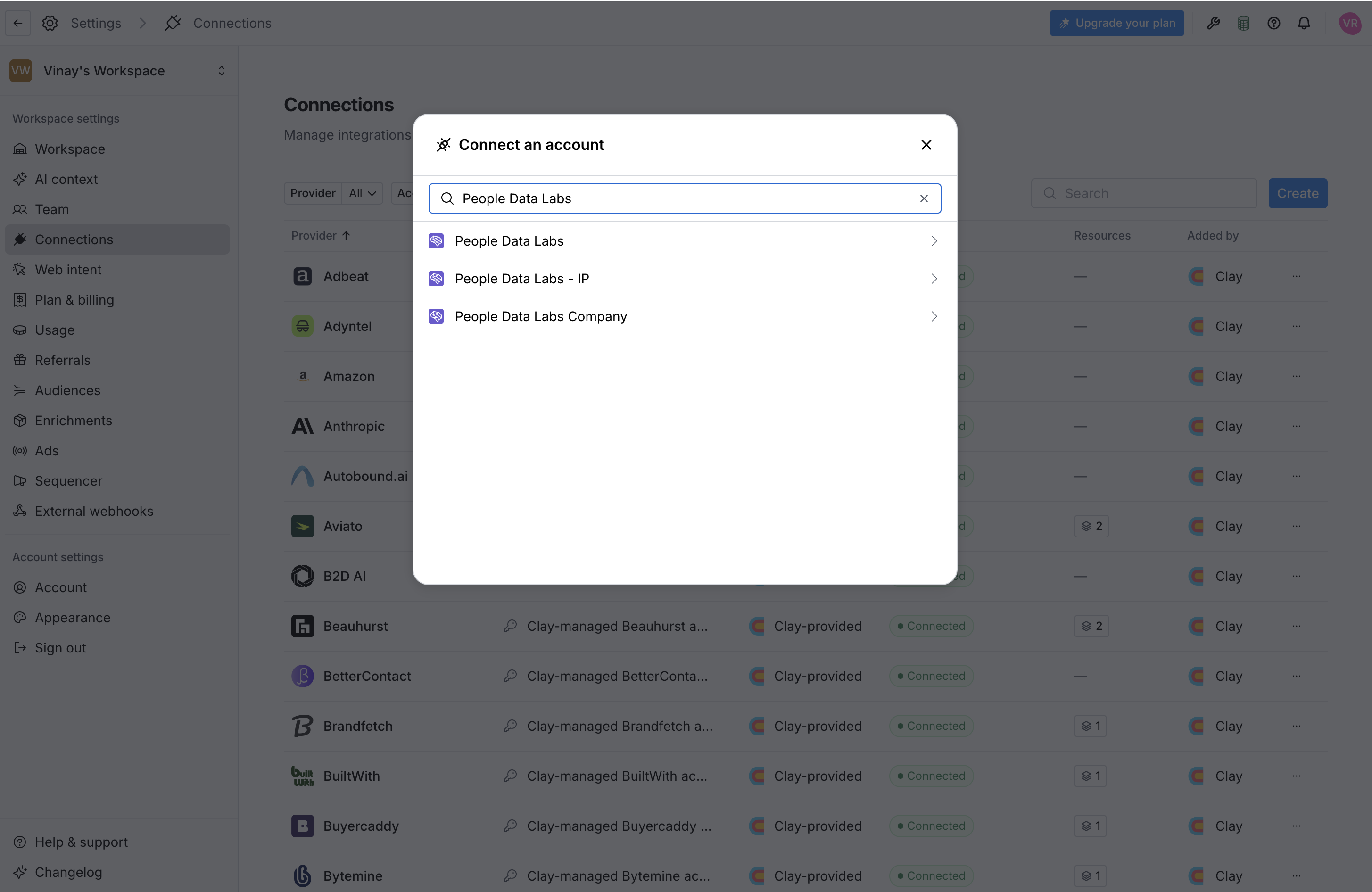 Opening Connections in Clay workspace settings