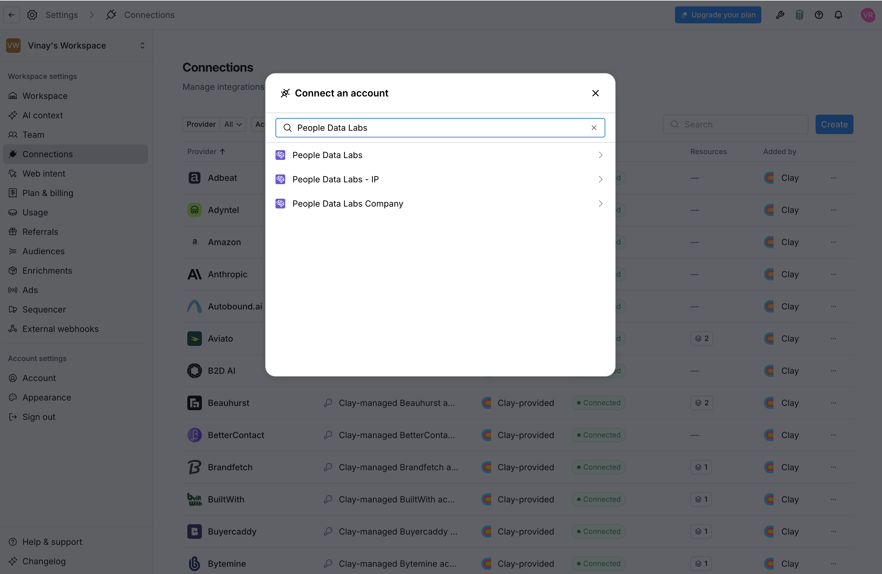 Opening Connections in Clay workspace settings