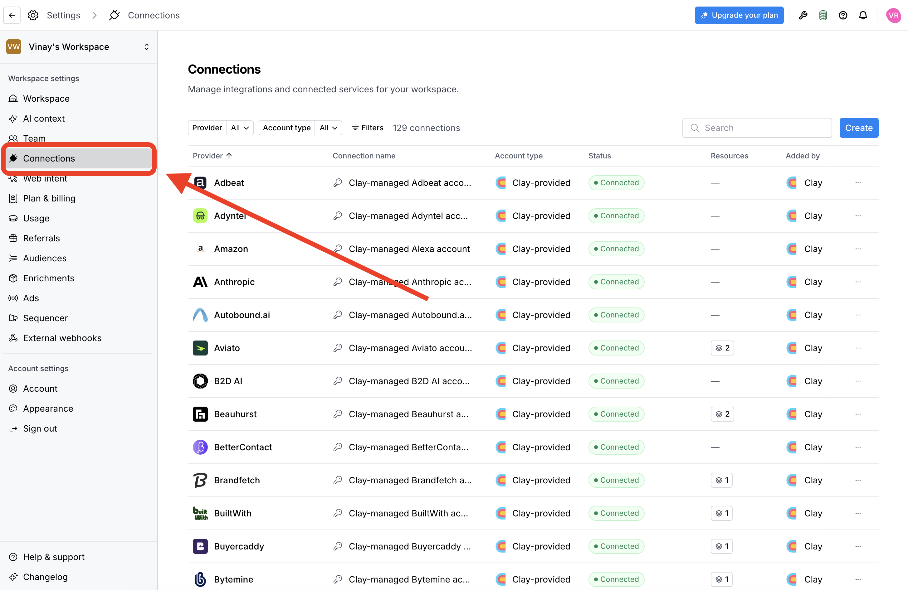 Opening Connections in Clay workspace settings