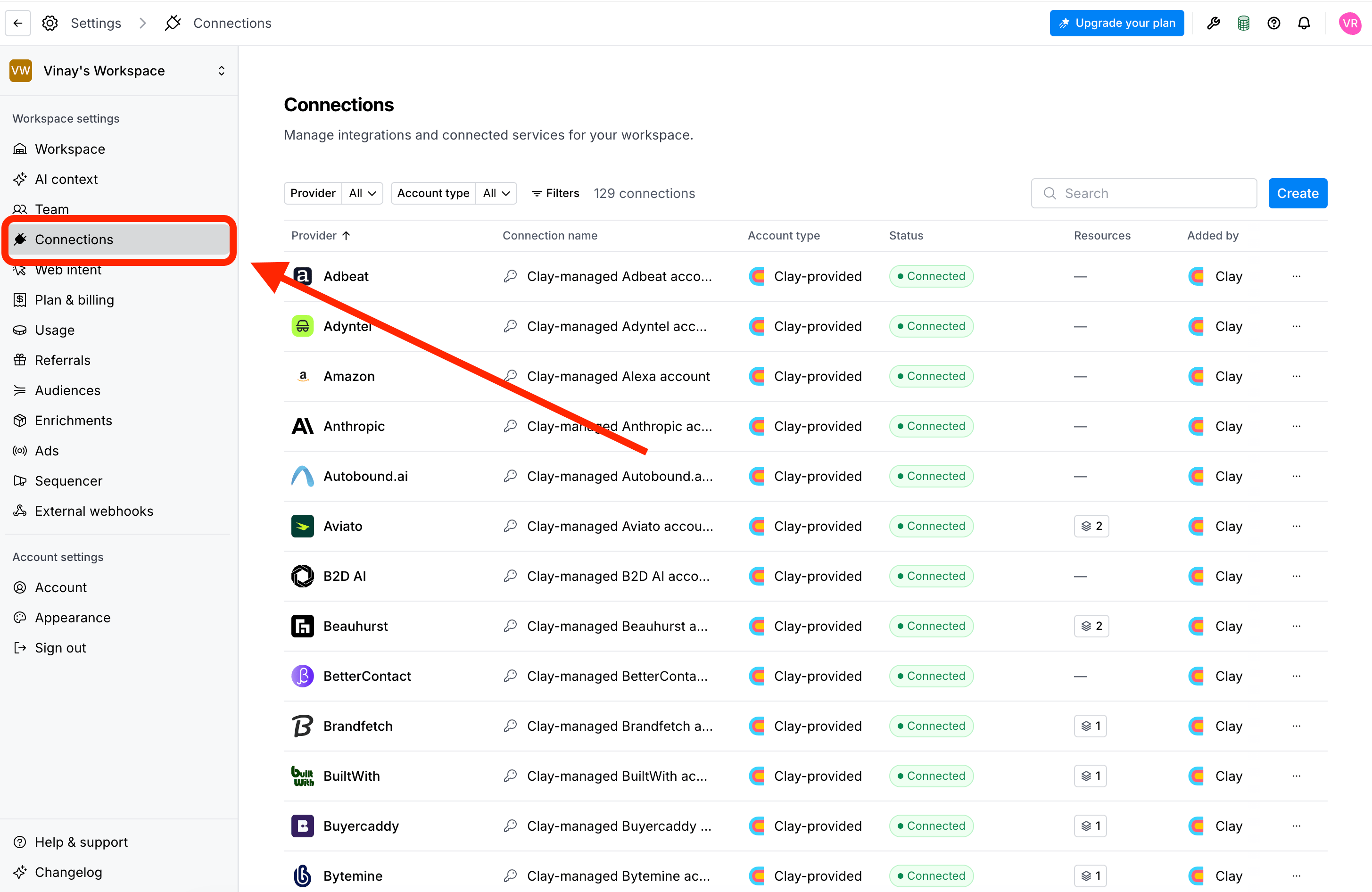 Opening Connections in Clay workspace settings
