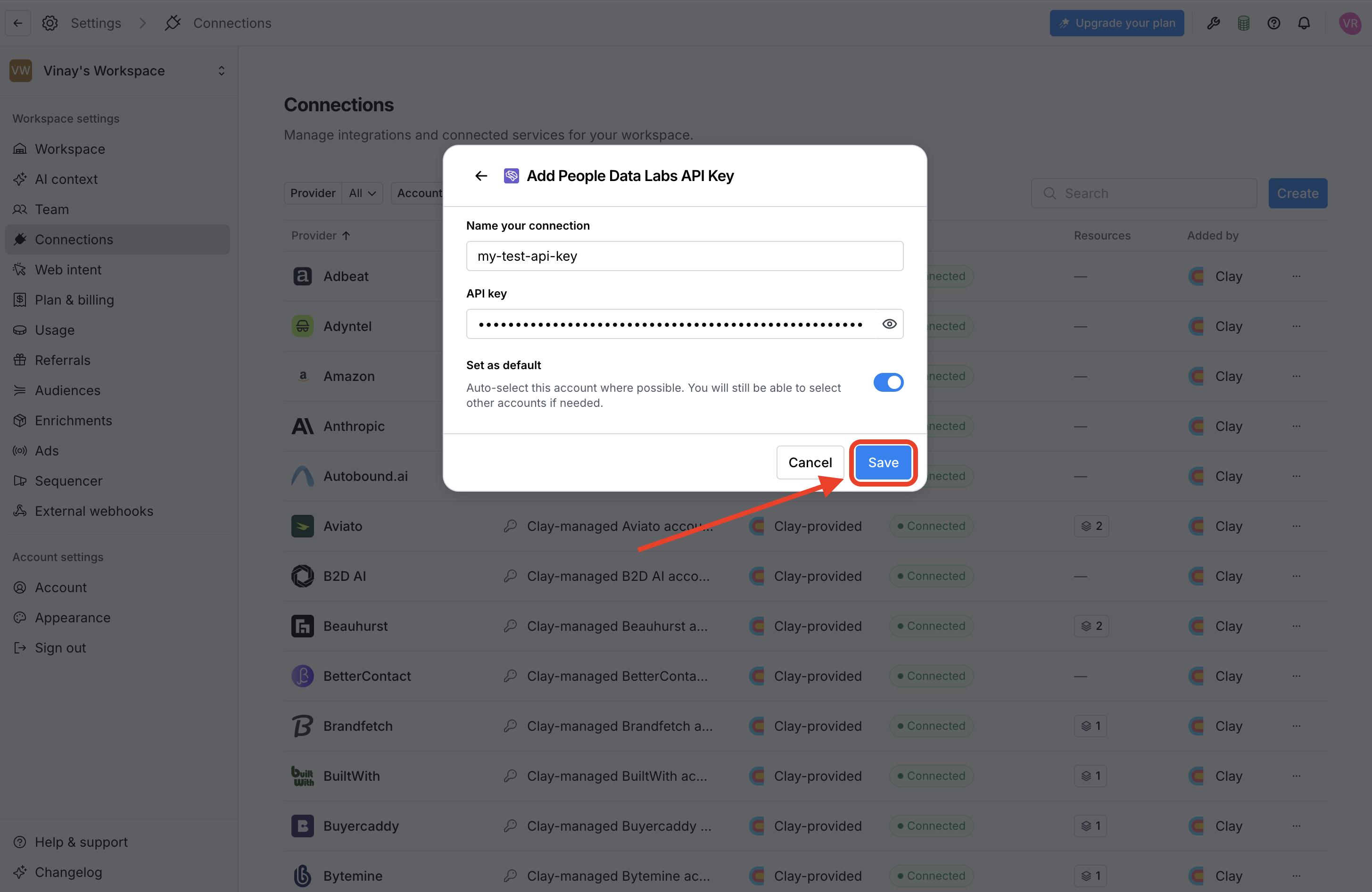 Saved People Data Labs connection in Clay
