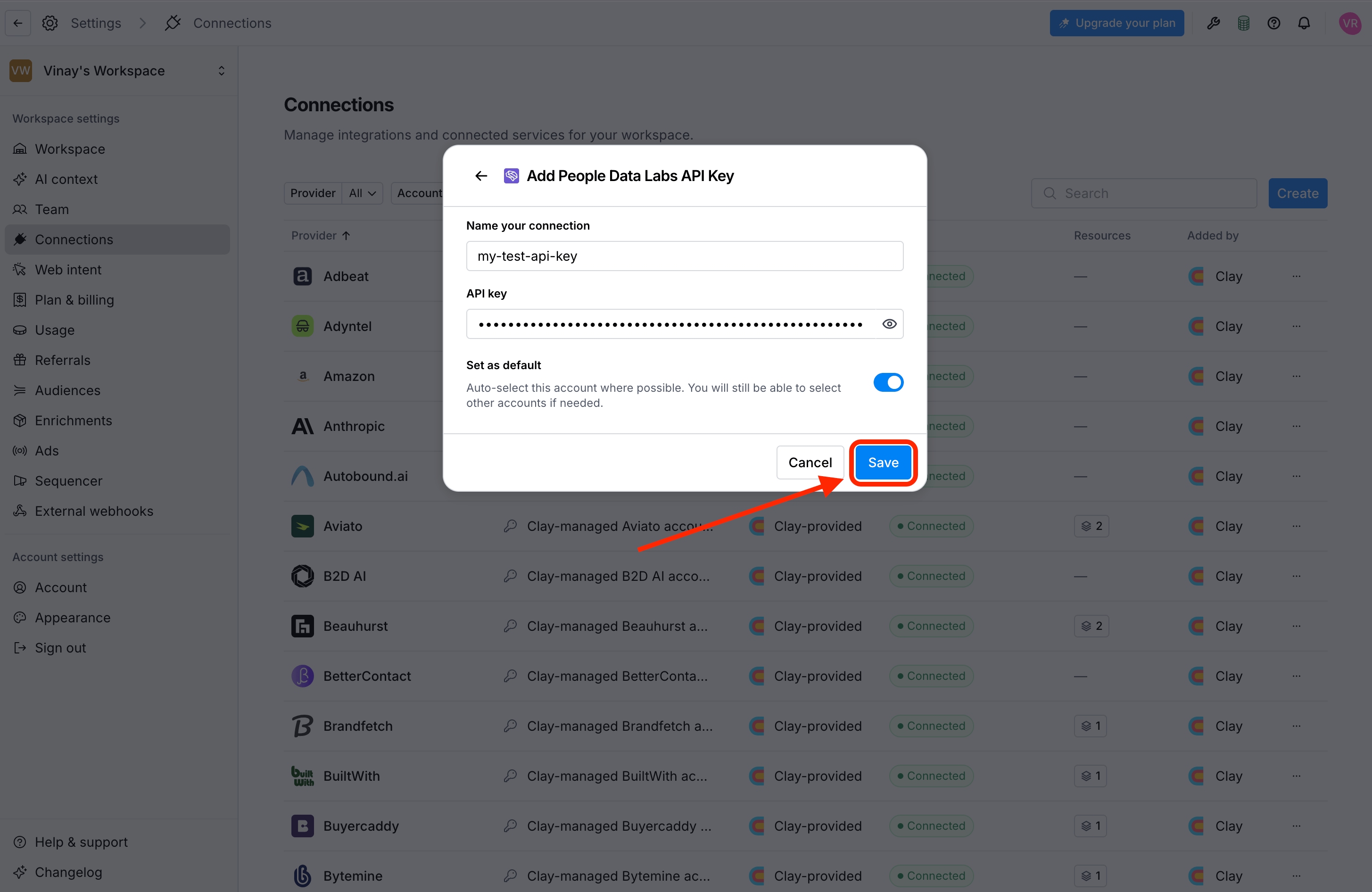 Saved People Data Labs connection in Clay