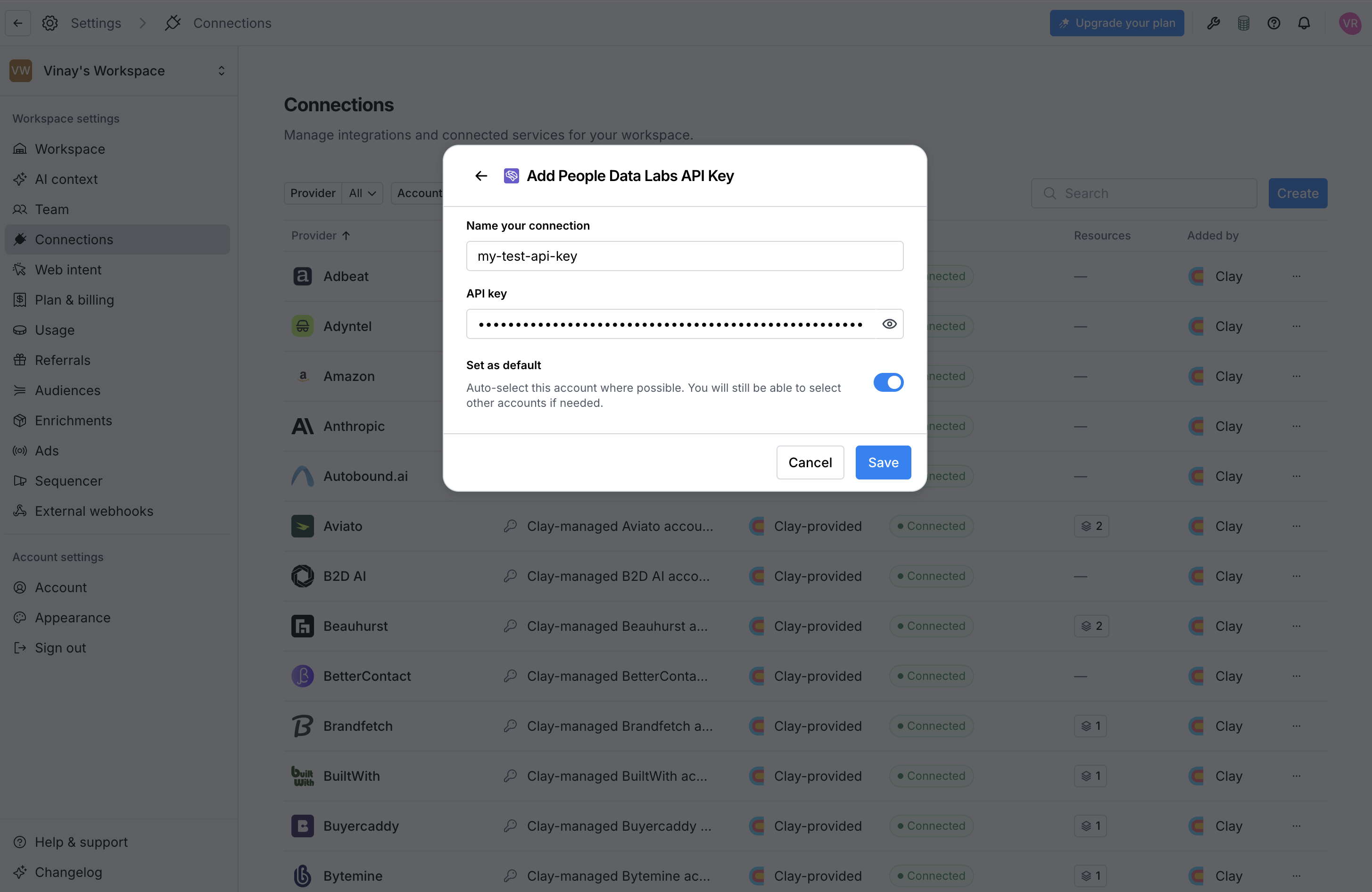 Entering a People Data Labs API key in Clay