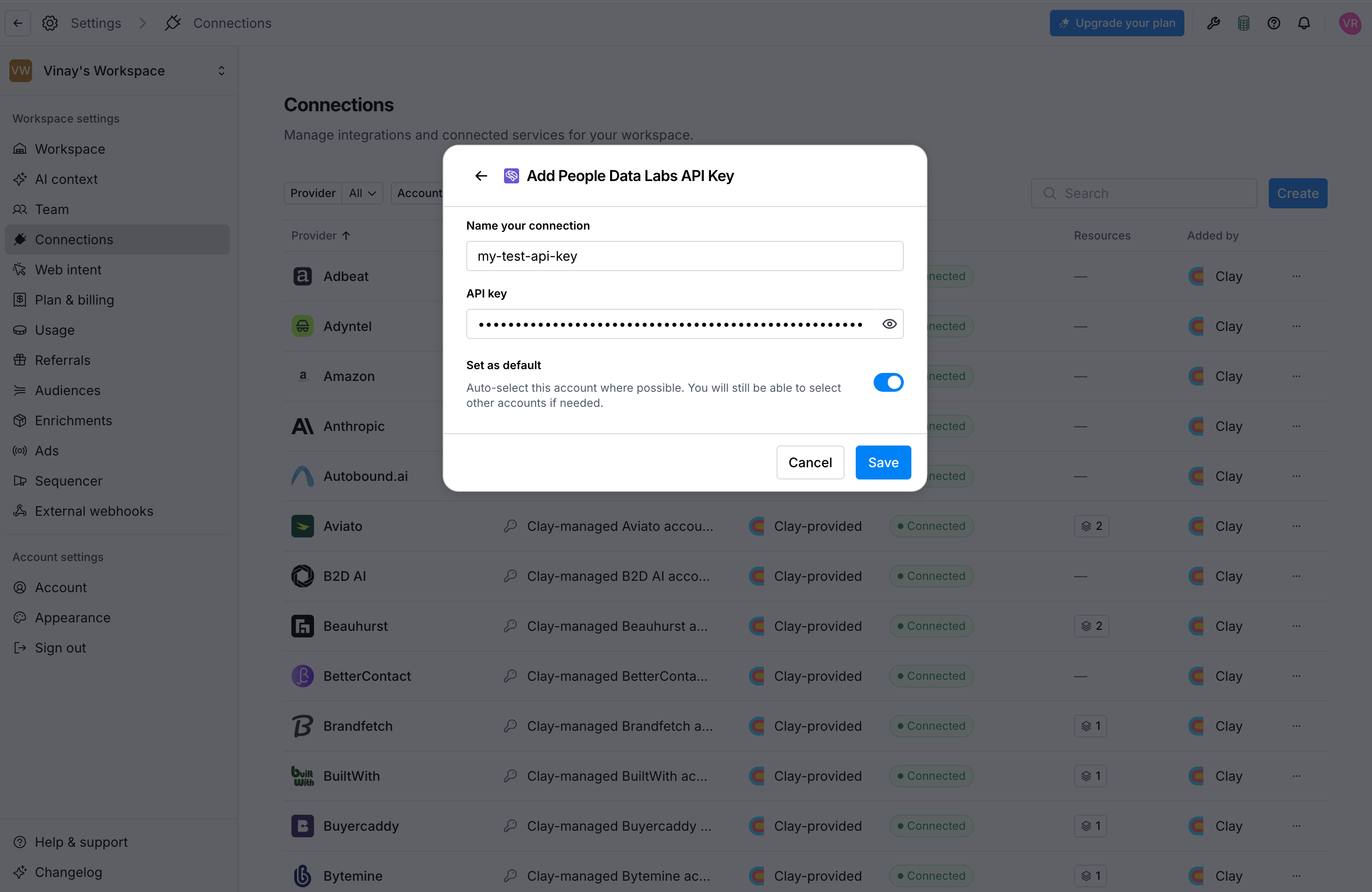 Entering a People Data Labs API key in Clay