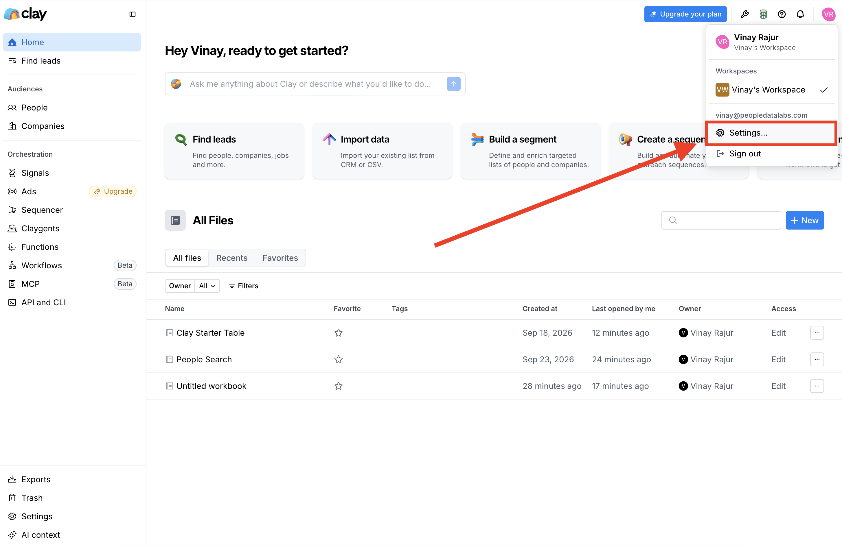 Opening workspace settings in Clay