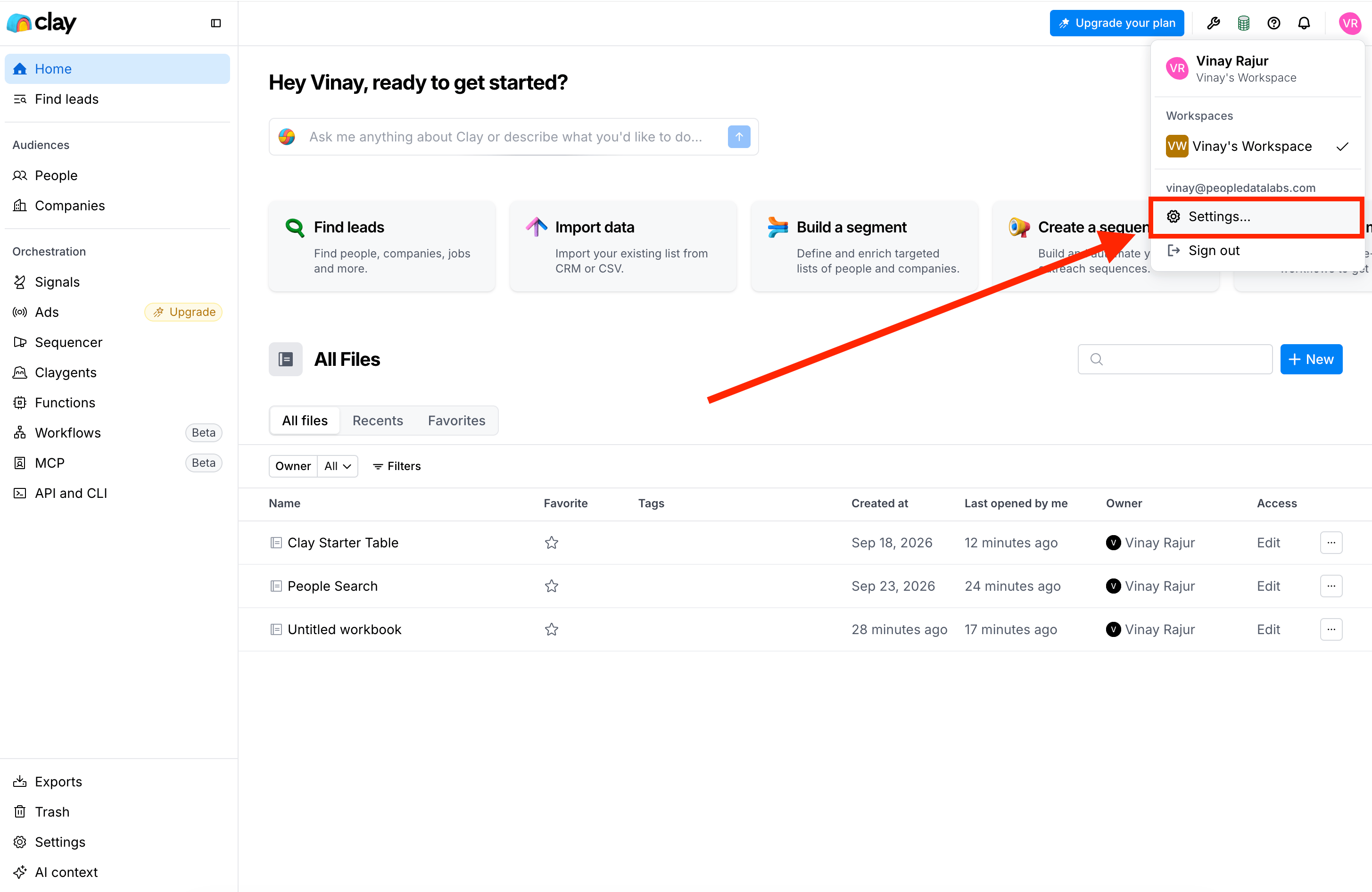 Opening workspace settings in Clay