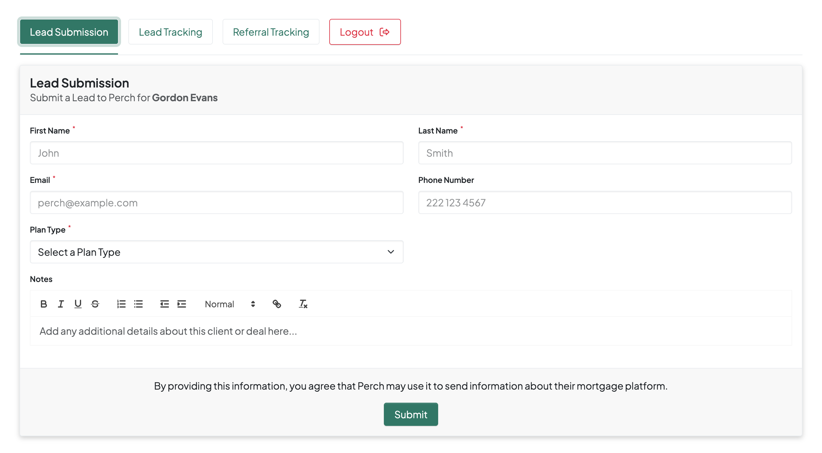 Screenshot of the lead submission form showing fields for client name, email, phone, plan type, and notes